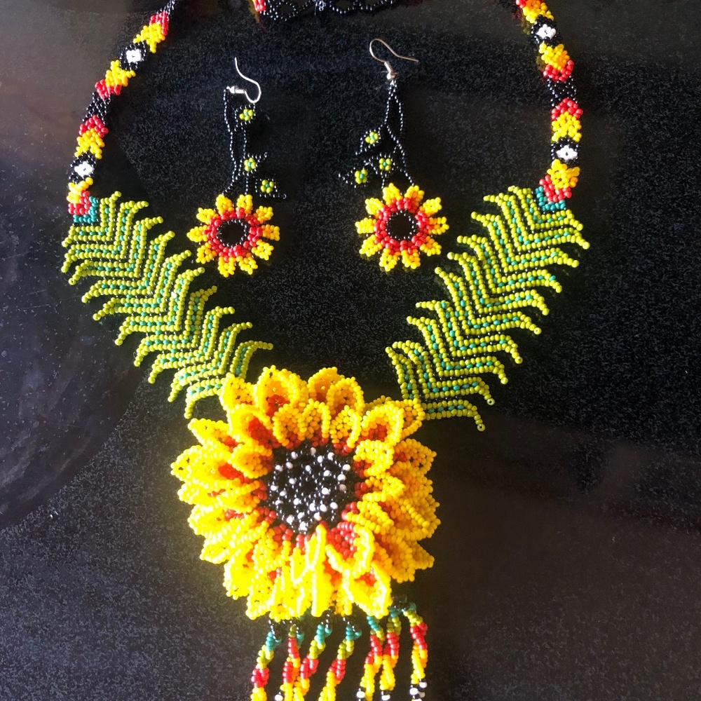 Big Sunflower Handmade Beadwork Ceremony Necklace & Earrings